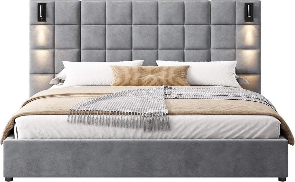 Merax Upholstered King Bed, with Reading Lamp and USB Port, Wide Velvet Headboard, (Without Bedside Tables and Mattress), Grey