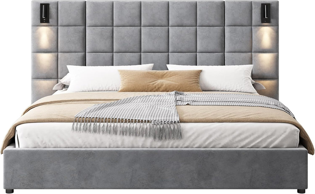 Merax California King Size Upholstered Velvet Bed Frame, with Wall Sconce and USB Port, Wide Headboard for Bedroom, (Without Bedside Tables & Mattress), Gray