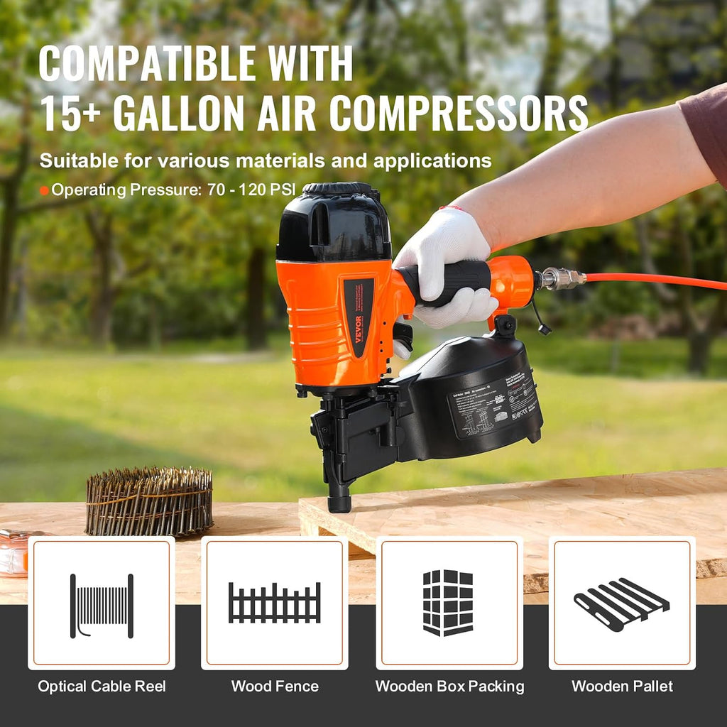 VEVOR Coil Siding Nailer CN65, 1-1/4' to 2-1/2' 15 Degree Pneumatic Siding Nail Gun with Tool-Less Depth Adjustment, 70-120PSI Air Coil Nailer for Siding, Pallet Sheathing, Wooding, Fencing, Decking
