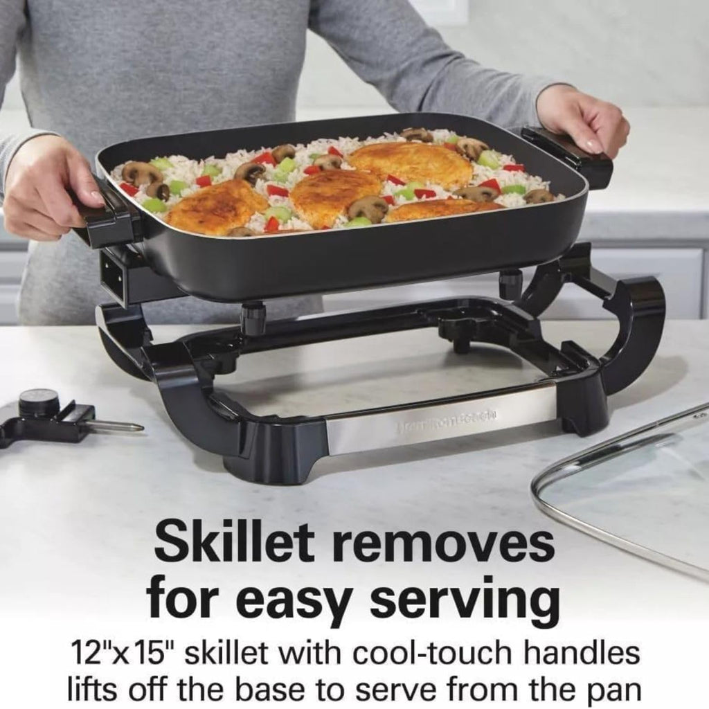 Hamilton-Beach 20.5' x 12.5' x 7.5' Durathons Ceramic Reversible Nonstick Electric Skillet, Large Cooking Surface, Adjustable Temperature Control, Easy Cleaning, Glass Lid, Black