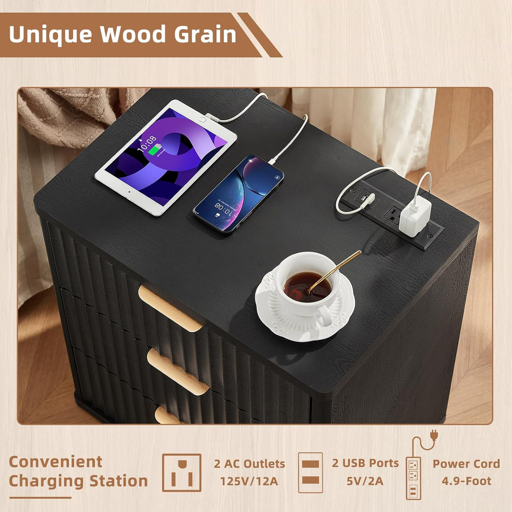 LEYAOYAO Fluted Dressers & Nightstand Set of 3, Wood 48' Wide Dresser & 42' Tall Chest of Drawers,Modern Bedroom Furniture Sets, Black Wooden Nightstand with 3 Drawers & Charging Station