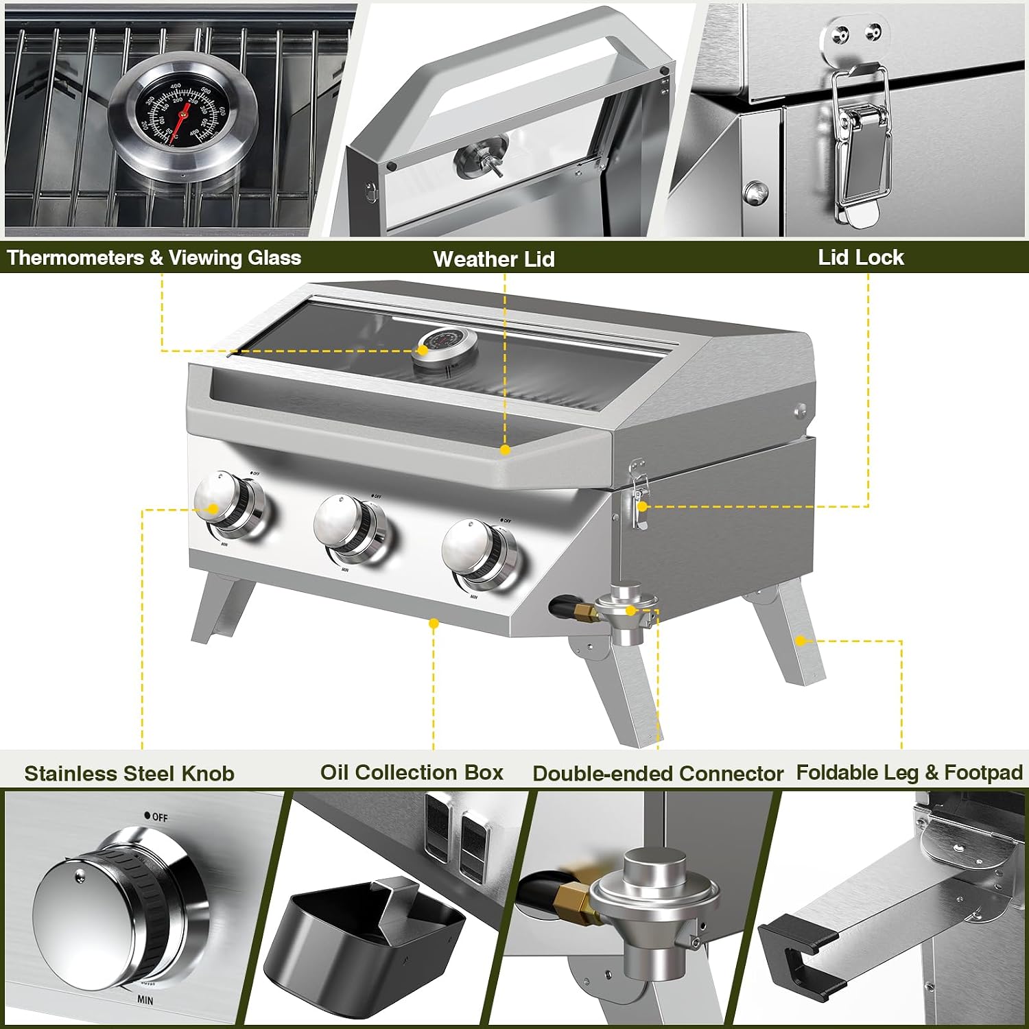 BESTFIRE Portable Propane Grill, 3-Burner Tabletop Gas Grill with 2-in-1 Connection for 1lb/20lb Tanks, 30,000 BTU Stainless Steel BBQ with Observation Window & Thermometer for Outdoor, Tailgating