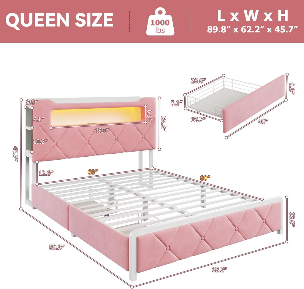 Queen Upholstered LED Bed Frame with 2 Storage Drawers and 2-Tier Storage Headboard,Velvet Princess Platform Bed with Charging Station & Bookcase, Corner Bed Frame, Heavy Duty Metal Support, Pink