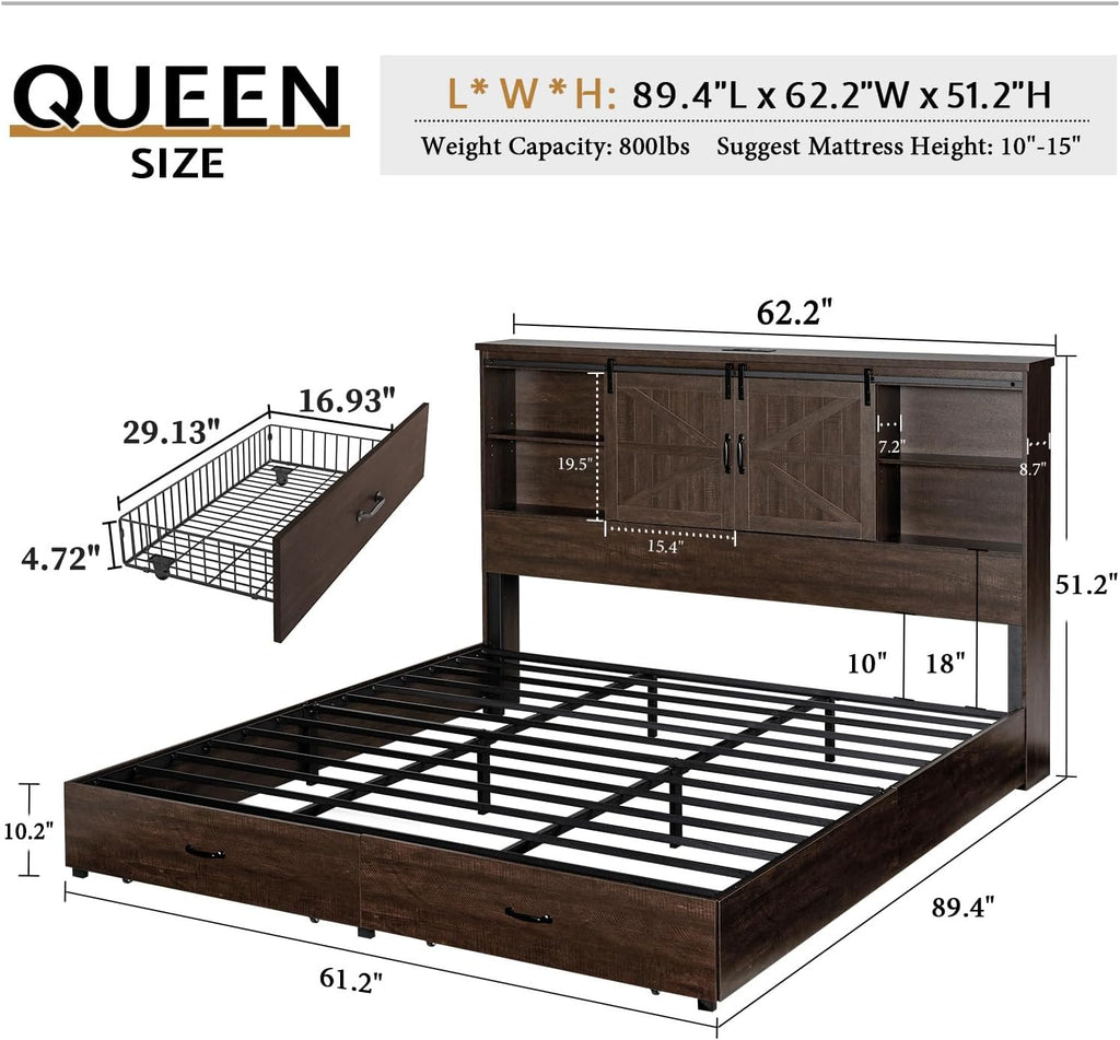 VanAcc Queen Size Bed Frame, Wooden Platform Storage Bed with 51.2' Bookcase Headboard, 2 Drawers, Charging Station/No Box Spring Needed/Noise Free(Brown)