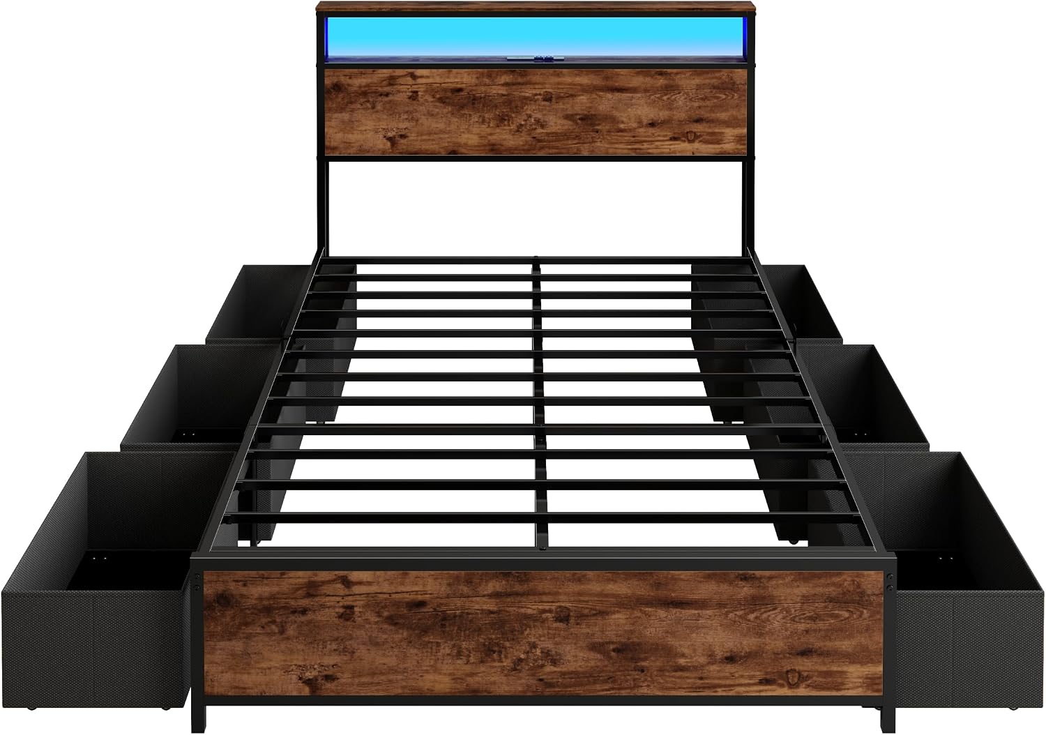 Forestell Full Size Bed Frame with Storage Headboard & 6 Drawers,Sturdy Platform Bed Frame Full with Charging Station,LED Lights,2-Tier Wood Shelf Industrial Bedframe-Noise Free/No Box Spring Needed
