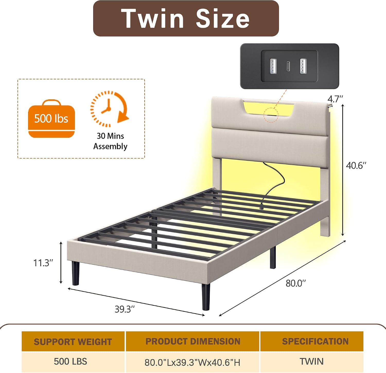 OURPIC Twin Bed Frames for Kids, Twin Size Bed Frames with Upholstered Headboard, Modern Platform Bed with Charging Station and Led Lights, Sturdy Wooden Slats