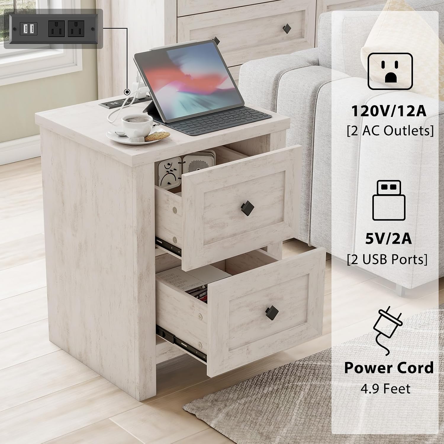 LUXOAK 4 Pieces Farmhouse Bedroom Set, 1 X Wood Rustic 6 Drawer Storage Dresser, 1 X 5 Drawer Dresser, Nightstand Set of 2 with Charging Station, Farmhouse Bedroom Furniture Set, Rustic White
