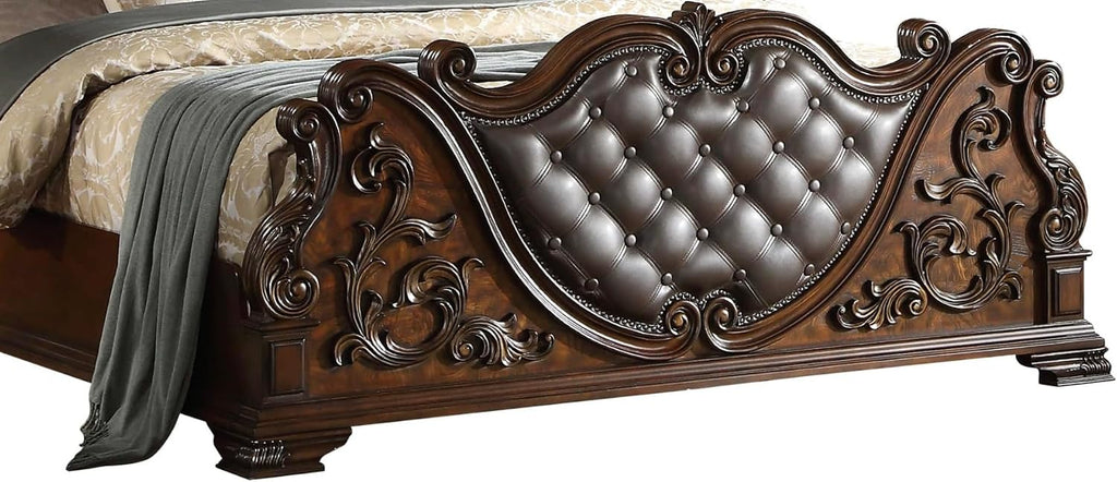 First of a Kind Cosmos Furniture Santa Monica Traditional King Bed - Cherry Finish Wood Bed with Tufted Headboard, Nail Head Trim - King Size Bed for Classic Bedroom Decor