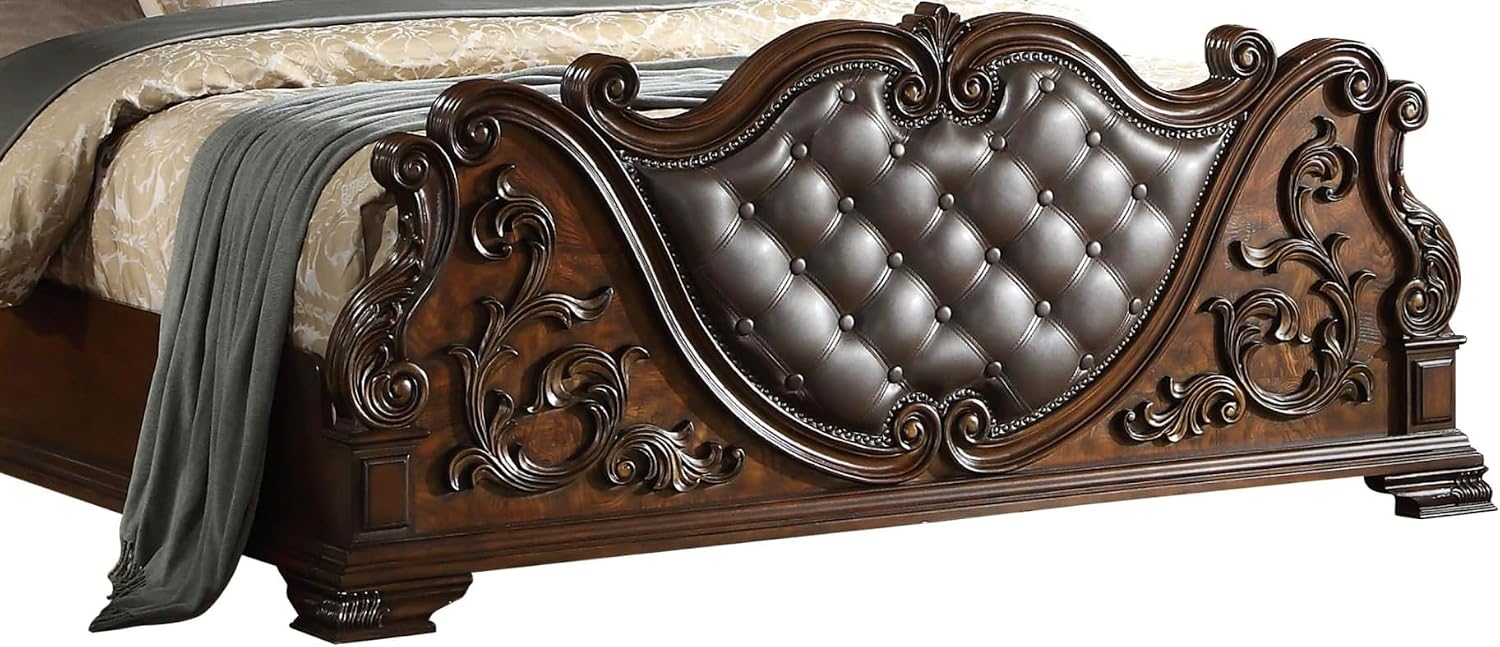 First of a Kind Cosmos Furniture Santa Monica Traditional King Bed - Cherry Finish Wood Bed with Tufted Headboard, Nail Head Trim - King Size Bed for Classic Bedroom Decor