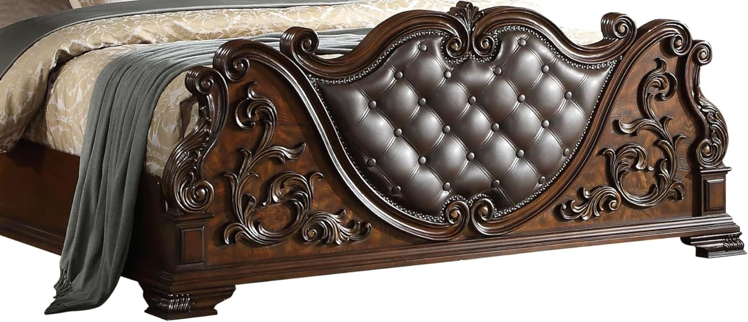 First of a Kind Cosmos Furniture Santa Monica Traditional Queen Bed - Cherry Finish Wood Bed with Tufted Headboard, Nail Head Trim - Queen Size for Classic Bedroom Decor