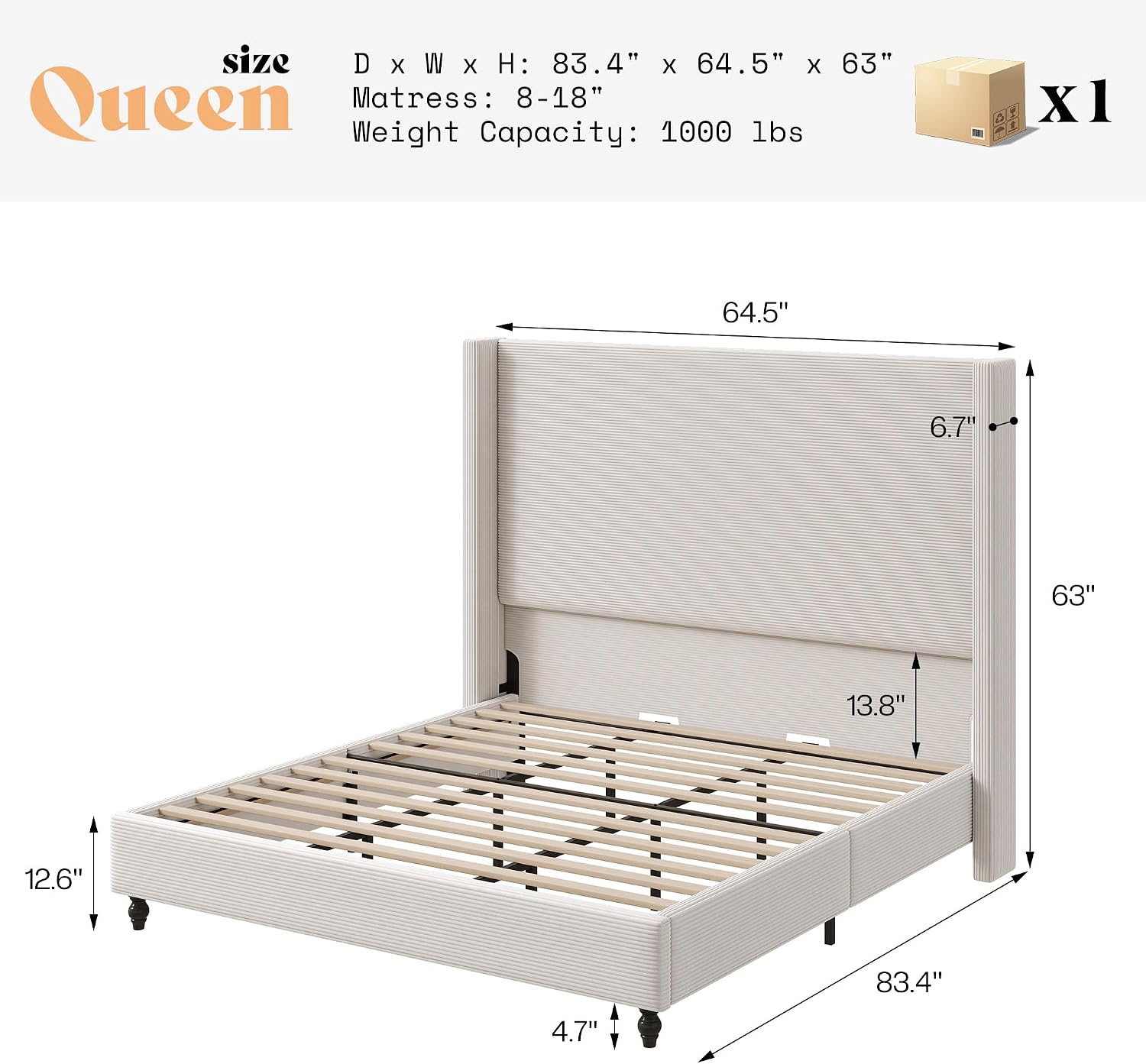 AMERLIFE Queen Bed Frame with 63' Tall Headboard, Upholstered Corduroy Bed Frame with Wingback, Platform Bed with Solid Wood Gourd Legs, Solid Slats, No Box Spring Needed, White