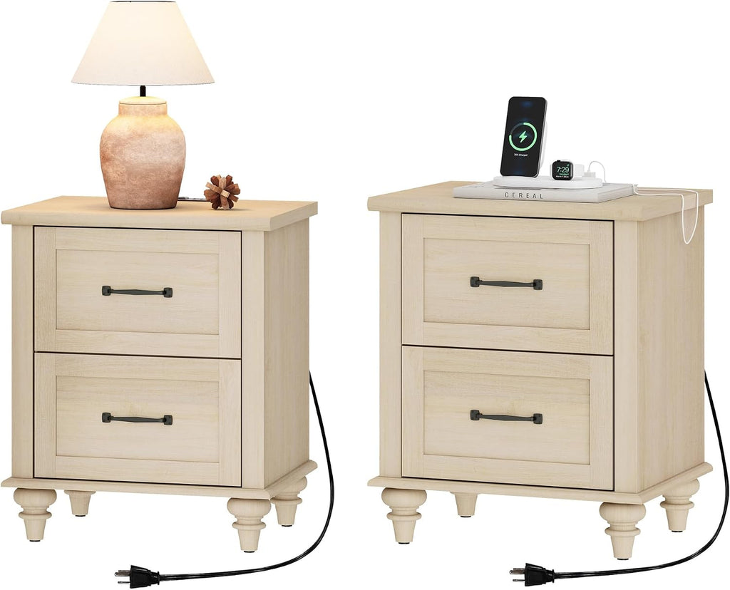 WAMPAT Nightstands with Charging Station Set of 2, 20 Inch Night Stand with 2 Drawers, Rustic Wood Bedside Table End Tables with Solid Wood Legs for Bedroom, Beige