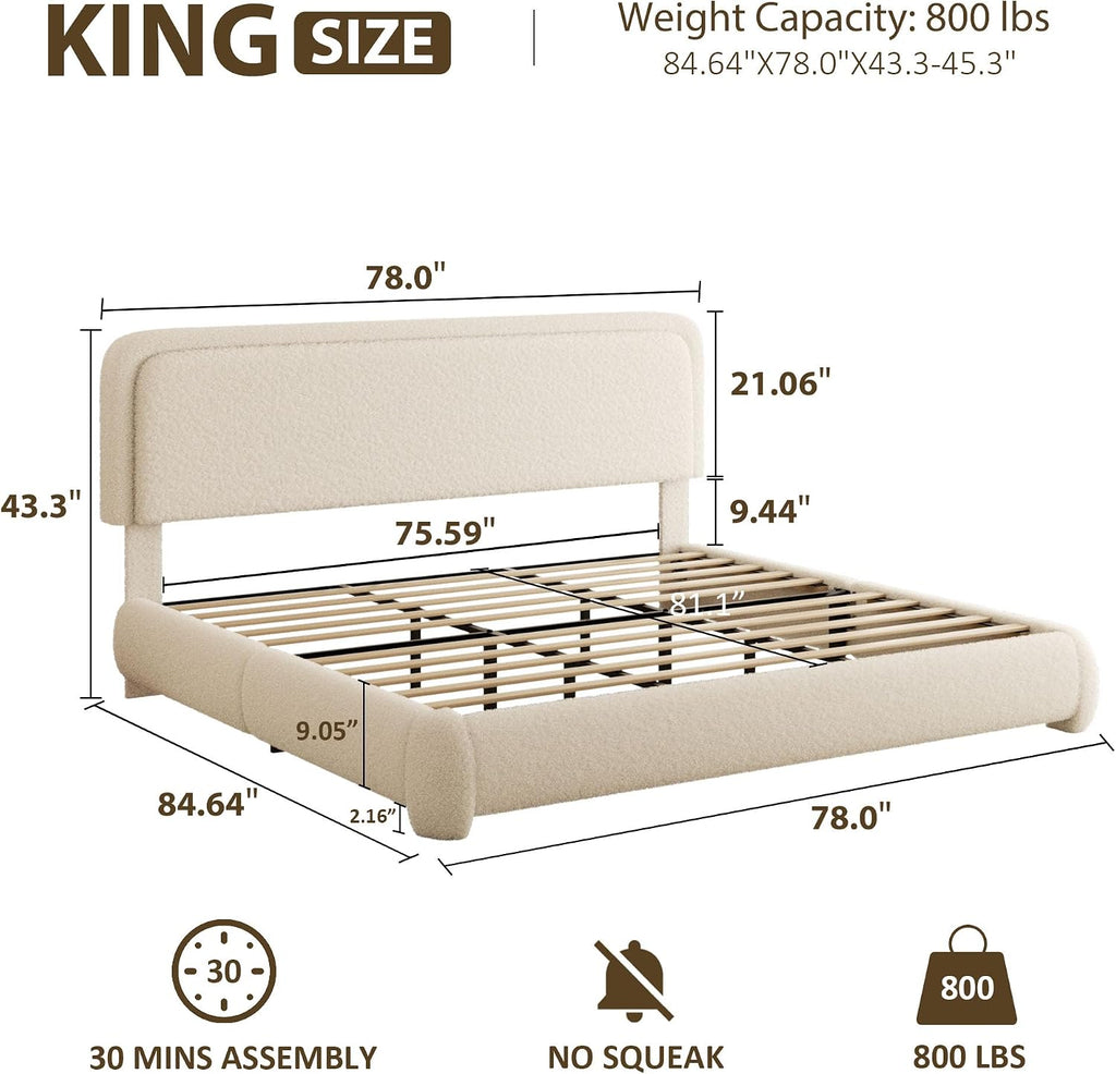 King Bed Frame, Teddy Velvet Boucle Bed Frame with 43.3'/45.3' Adjustable Upholstered Headboard, Rounded Corners, Mattress Foundation, No Box Spring Required, Beige