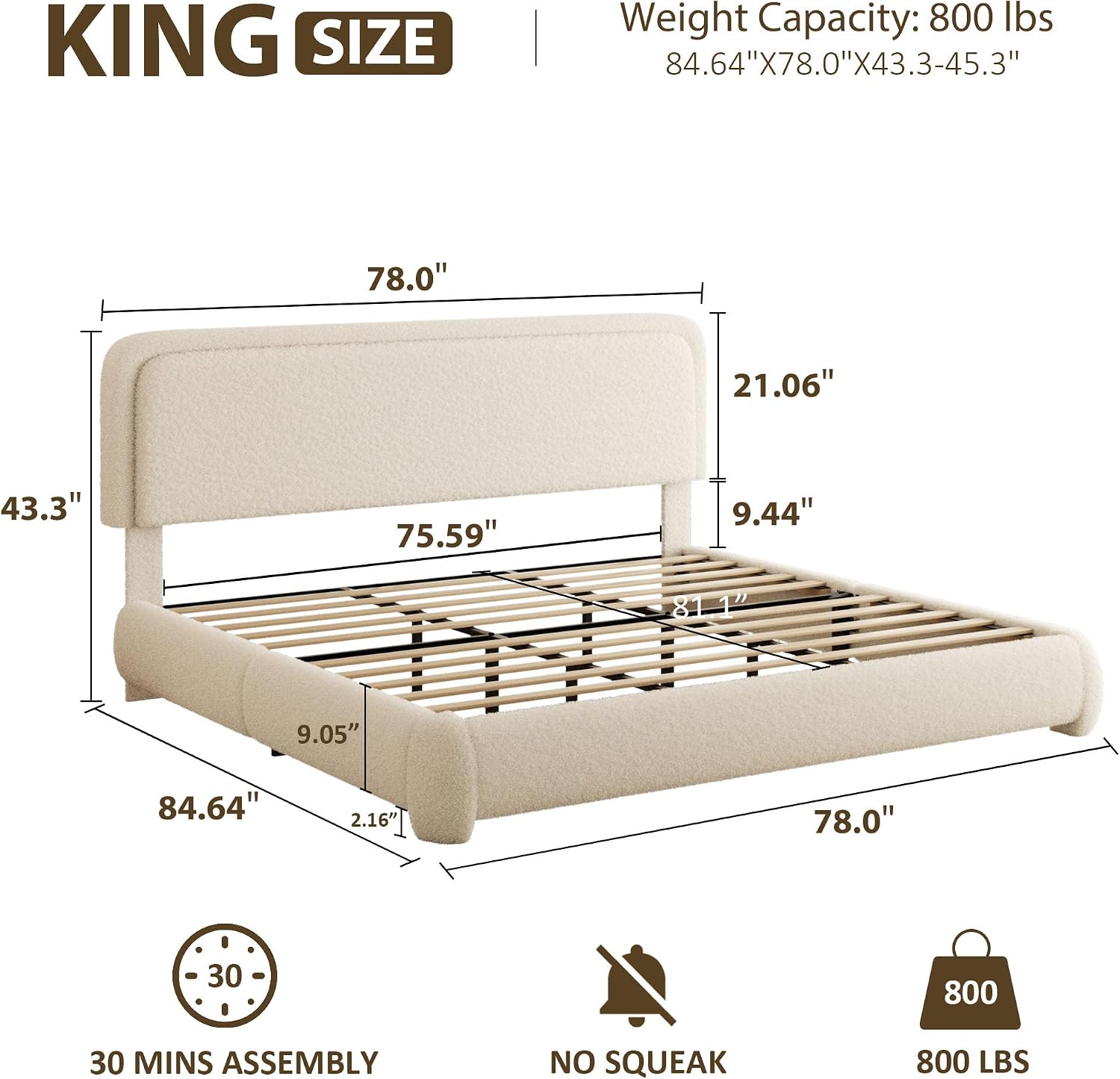 King Bed Frame, Teddy Velvet Boucle Bed Frame with 43.3'/45.3' Adjustable Upholstered Headboard, Rounded Corners, Mattress Foundation, No Box Spring Required, Beige