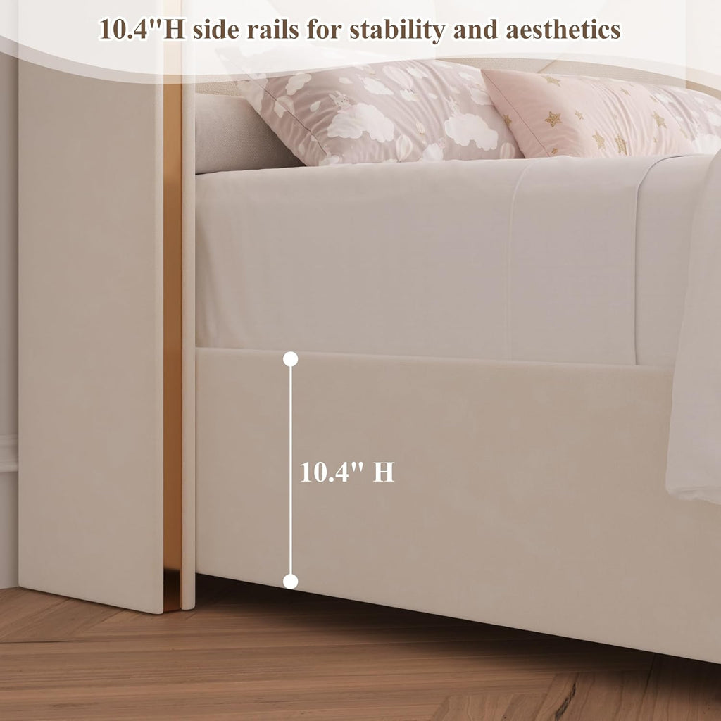 HITHOS Twin Upholstered LED Bed Frame with Storage Drawer, Velvet Kids Bed with Wingback Headboard, Princess Twin Platform Bed for Girls/Kids, Solid Wood Slats Support, No Box Spring Needed, Beige