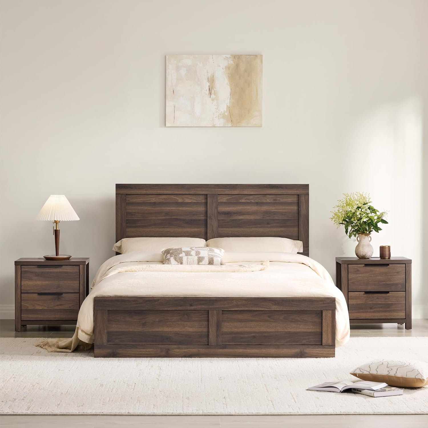 KISLOT 3 Pieces Bedroom Set, Full Size Wood Platform Bed Frame and 2 Nightstands, Storage Nightstand with Type-C Charging Port, Farmhouse Bedroom Furniture Set