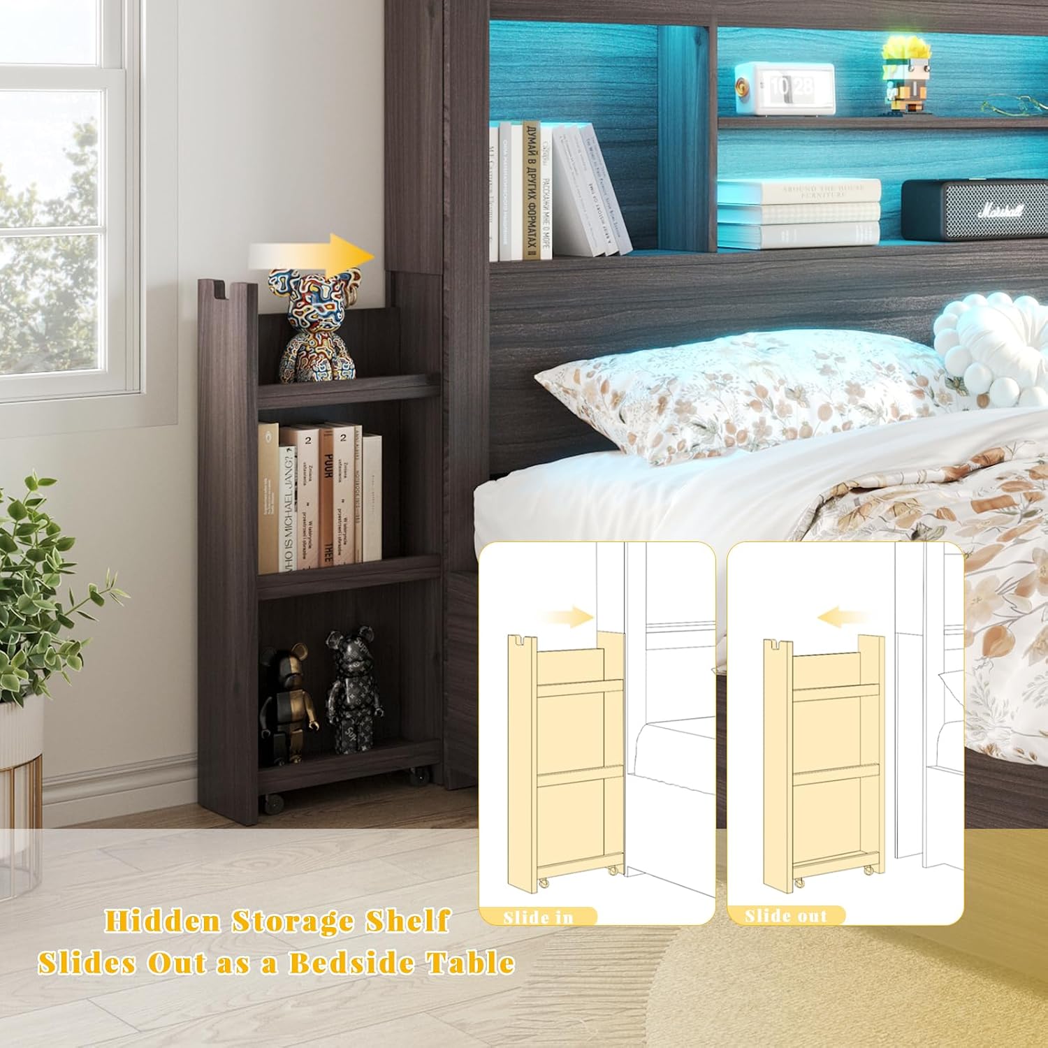 LUXOAK King Bed Frame with 49.6' Bookcase Headboard & 2 Bedside Stoage Racks & 4 Drawers, Farmhouse Wood Bed Frame with RGB LED & Charging Station, No Box Spring Needed, Black