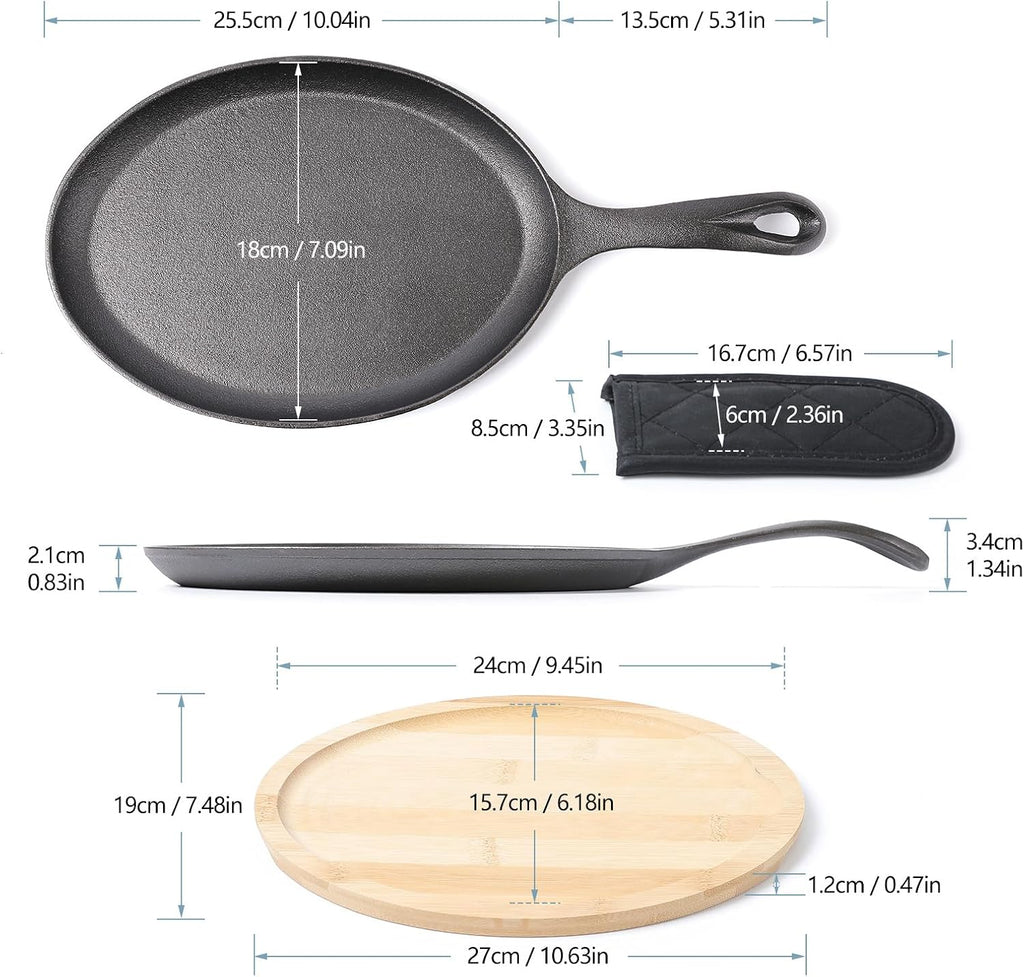 HAWOK Cast Iron Fajita Plate, 15.35''Lx7.09''W, with Bamboo Tray and Handle Holder, Pre-seasoned, Set of 12