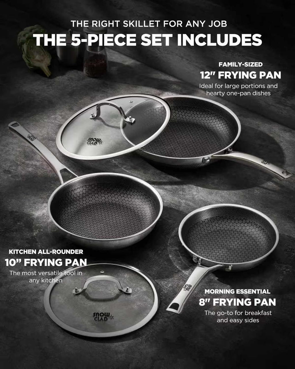 Non Stick Frying Pans set, 8+10+12 inch with Lids, Hybrid Pans Fajita Set, Stainless Steel,Dishwasher, PFOA Free Cookware, Dishwasher Skillets, Induction Compatible Cooking Pan, PFOA Free, Oven-Safe