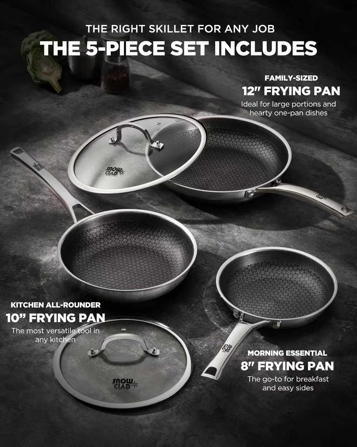 Non Stick Frying Pans set, 8+10+12 inch with Lids, Hybrid Pans Fajita Set, Stainless Steel,Dishwasher, PFOA Free Cookware, Dishwasher Skillets, Induction Compatible Cooking Pan, PFOA Free, Oven-Safe
