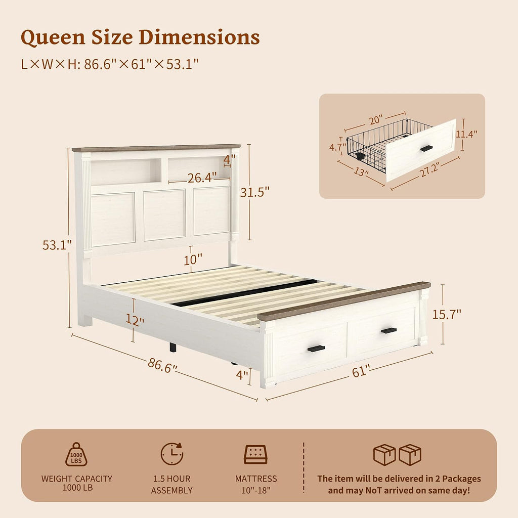 Queen Size Bed Frame with 2 Storage Drawers, 53' Tall Headboard Farmhouse Platform Bed Frame with Roman Column Decoration Footboard, LED Built in Charging Station, No Box Spring Needed（Rust White)