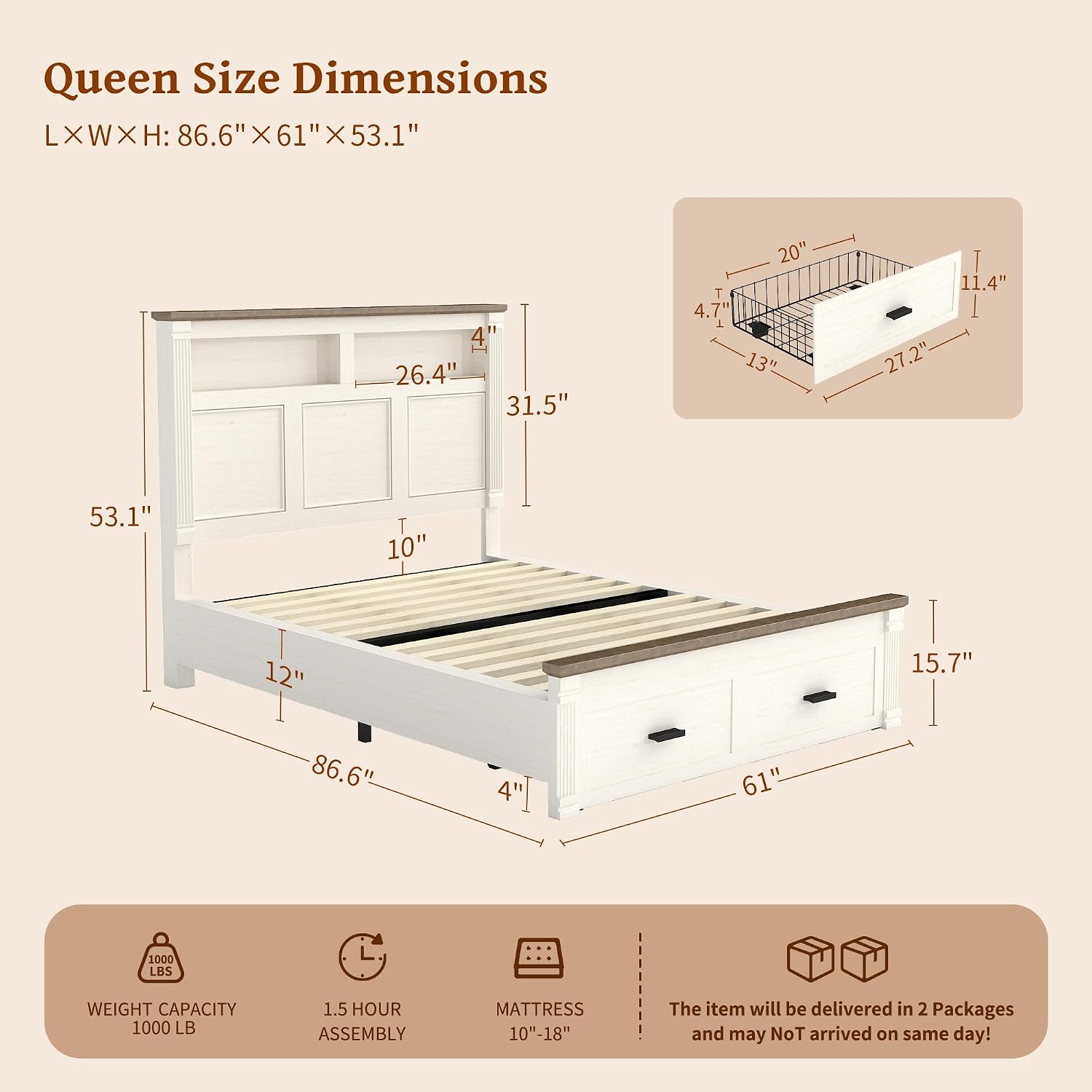 Queen Size Bed Frame with 2 Storage Drawers, 53' Tall Headboard Farmhouse Platform Bed Frame with Roman Column Decoration Footboard, LED Built in Charging Station, No Box Spring Needed（Rust White)