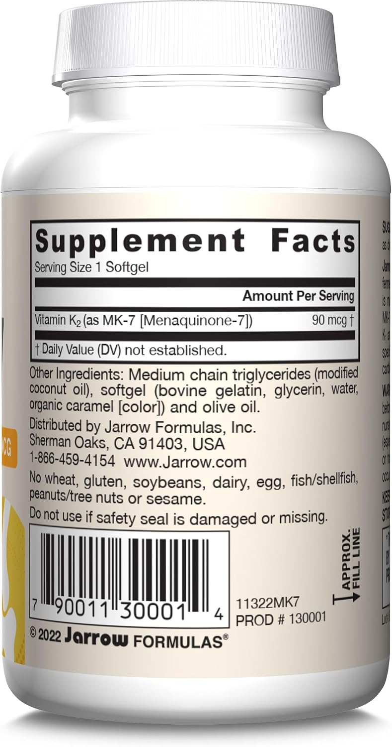 Jarrow Formulas MK-7 90mcg-Bioactive Form of VIT K2-60 Servings(Softgels)-for Bone & CV Health-VIT K2 MK-7 Dietary Supp-K2 VIT Supp MK-7-Gluten Free,12 Pack