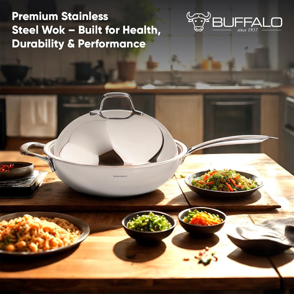 BUFFALO Honeycomb 3ply Stainless Steel Wok Pan 11 inch/28cm with Lid Flat Bottom - Coating-Free Non-stick Stir Fry Pan - Advanced, Scratch-Resistant Design with Stay-Cool Long Handle