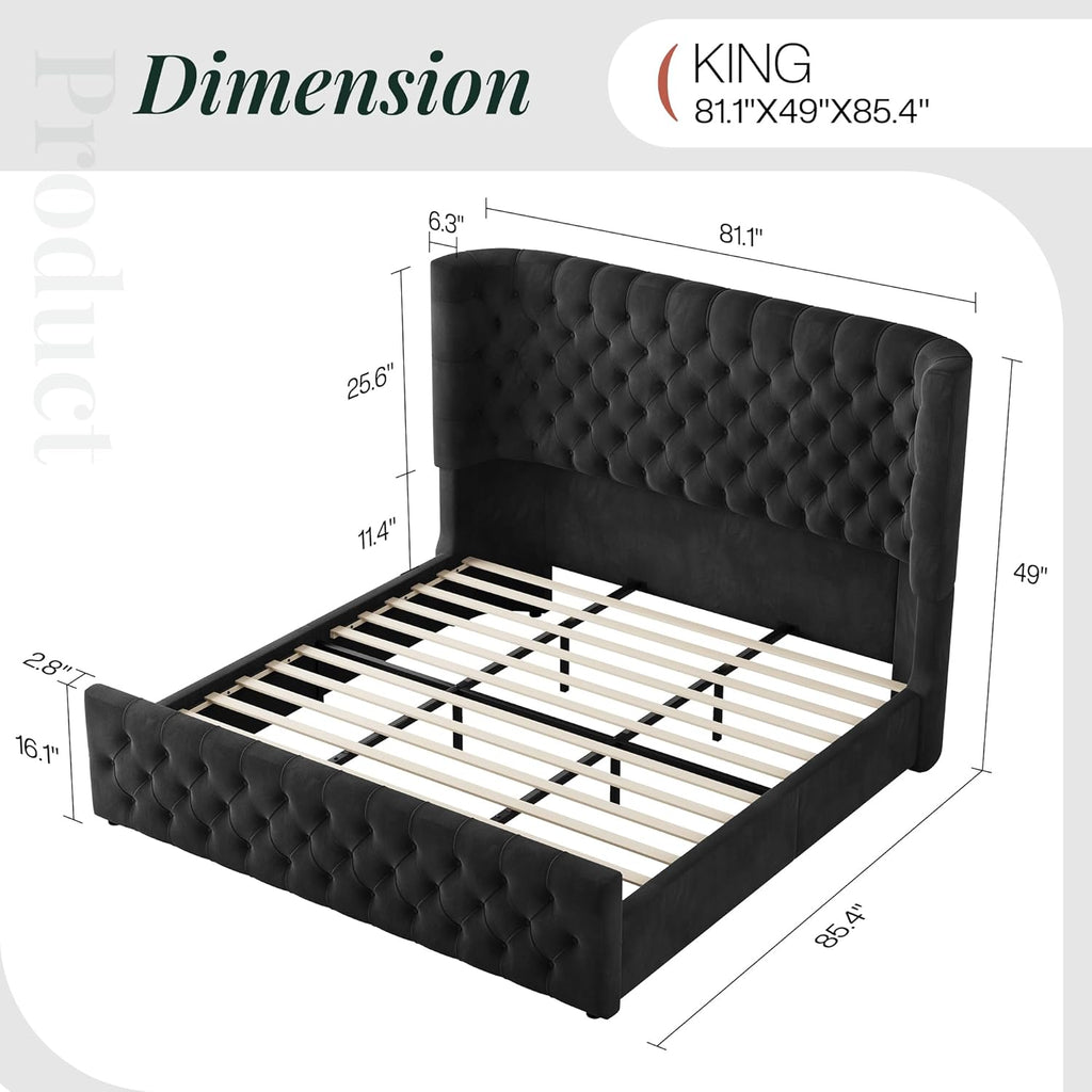 Jocisland King Size Platform Bed Frame, 6.3' Thick Upholstered Curved Wingback Headboard and Footboard with Deep Button Tufted, Easy Assembly, No Box Spring Needed, Black Velvet