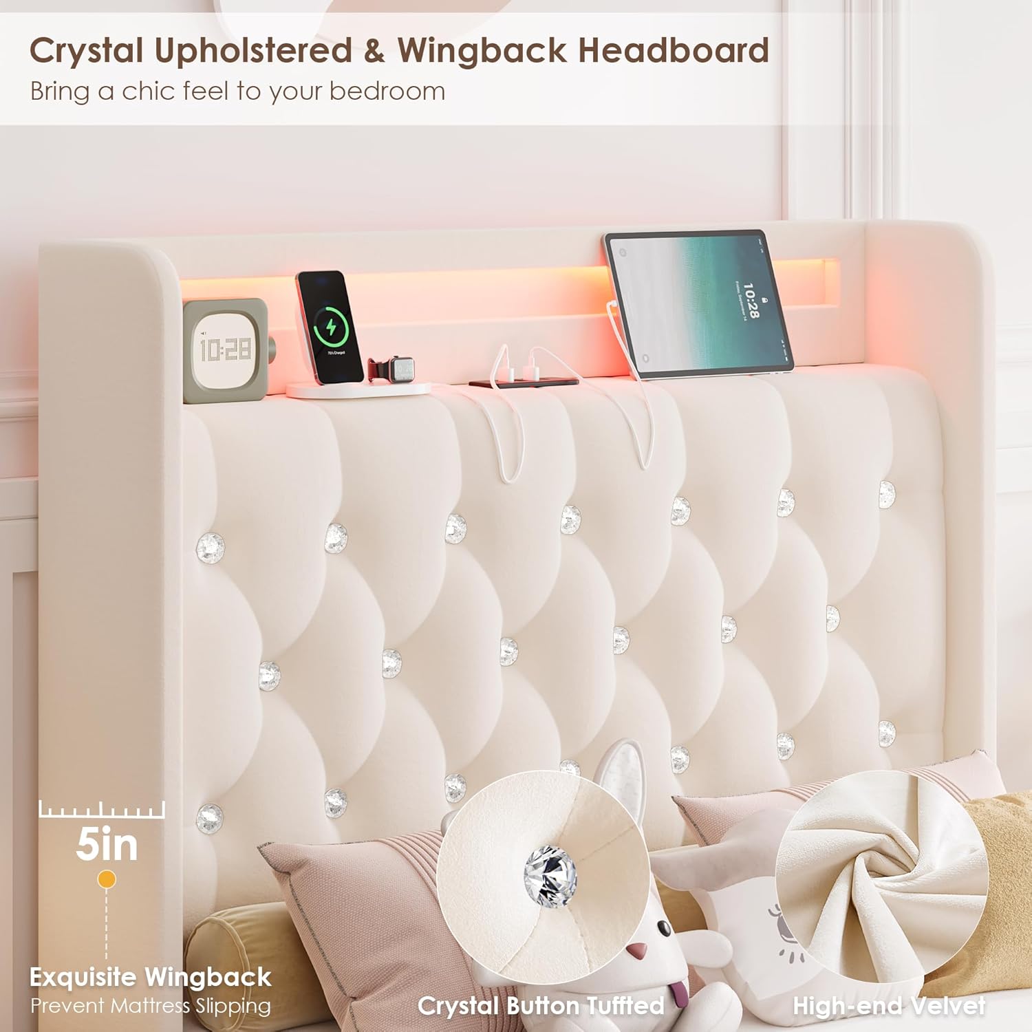HIFIT Full LED Bed Frame with Charging Station and 2 Storage Drawers, Velvet Upholstered Platform Bed with Handcrafted Crystal Button Wingback Headboard, Metal Frame with No Box Spring Needed, Beige