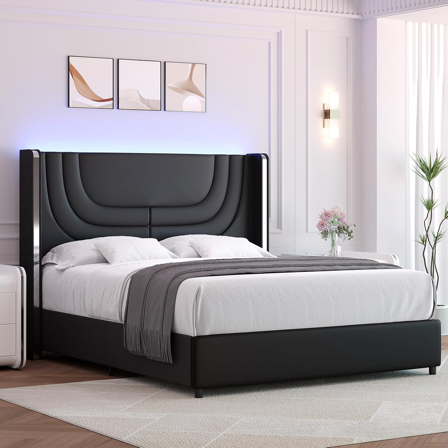 REVOMINCA Queen Bed Frame with LED Lights, Faux Leather Upholstered Platform with Silver Wingback Headboard, Modern Style, No Box Spring Needed, Easy Assembly, Black