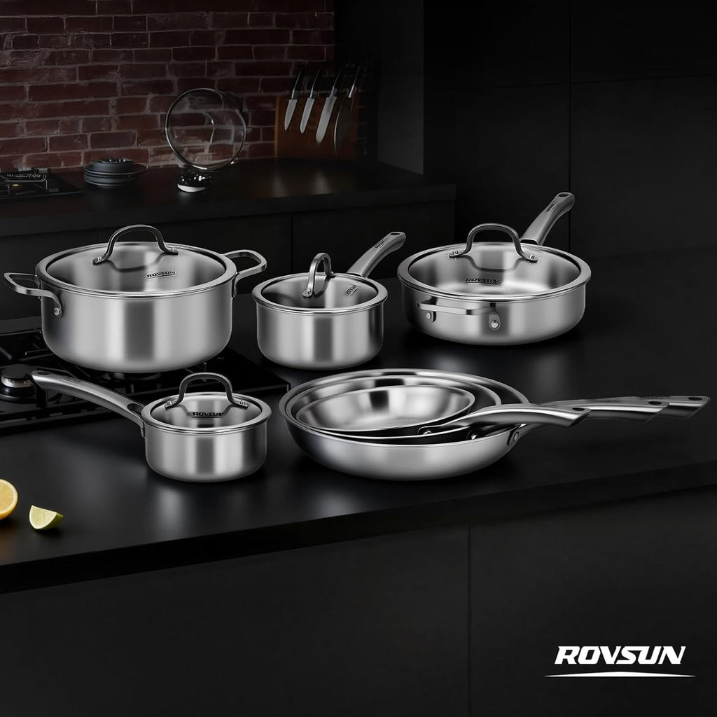 ROVSUN 11-Pcs Stainless Steel Cookware Set, Tri-Ply Pots and Pans Set, Non-Toxic Kitchen Set, PFOA & PTFE Free, Full Clad Frying Pans, Saucepans, Saute Pan & Stock Pot, Compatible for All Cooktops