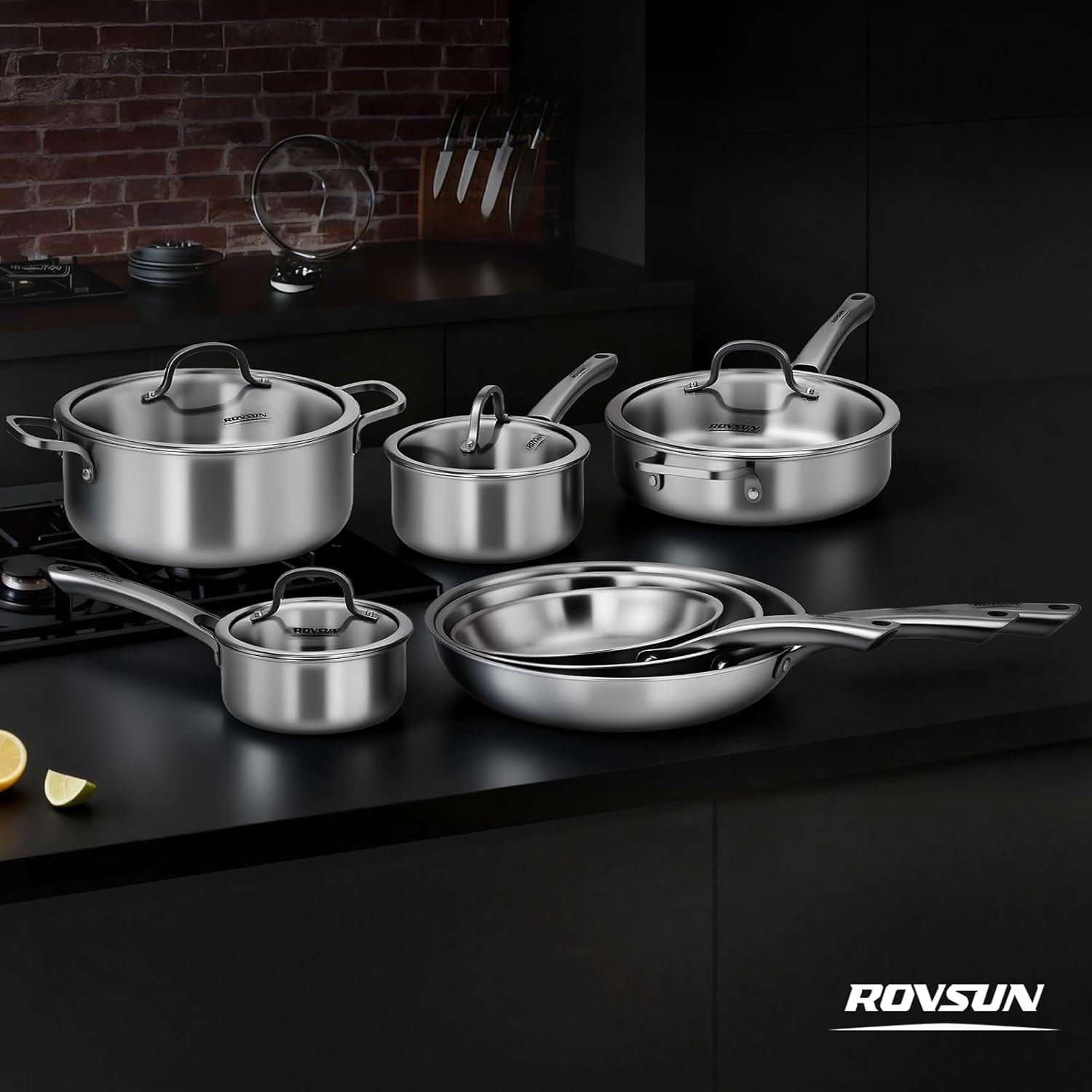 ROVSUN 11-Pcs Stainless Steel Cookware Set, Tri-Ply Pots and Pans Set, Non-Toxic Kitchen Set, PFOA & PTFE Free, Full Clad Frying Pans, Saucepans, Saute Pan & Stock Pot, Compatible for All Cooktops
