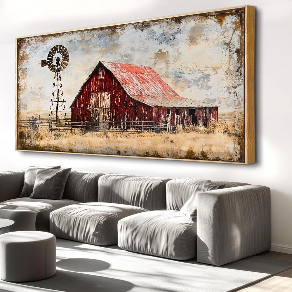 Abstract Farm Landscape Wall Art - Large Framed Canvas Painting for Living Room, Bedroom, Modern Artwork Decor - 60x30 Inch Ready-to-Hang
