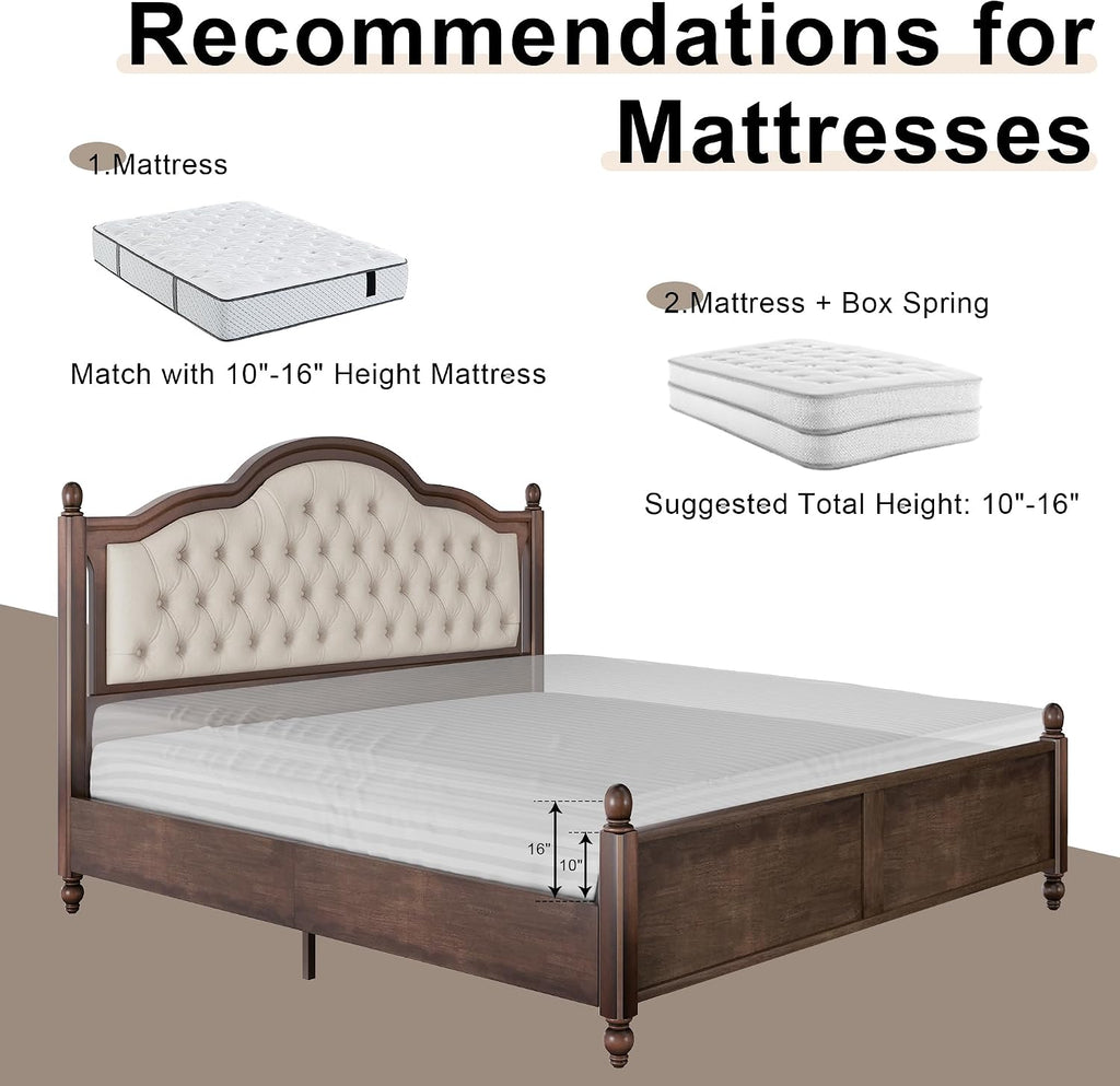 AMERLIFE Solid Wood Bed Frame Queen Size, Transitional Platform Bed with 52.5' Upholstered Tufted Headboard, Rubberwood/Roman Column Accents/Wood Slat Support/No Box Spring Needed