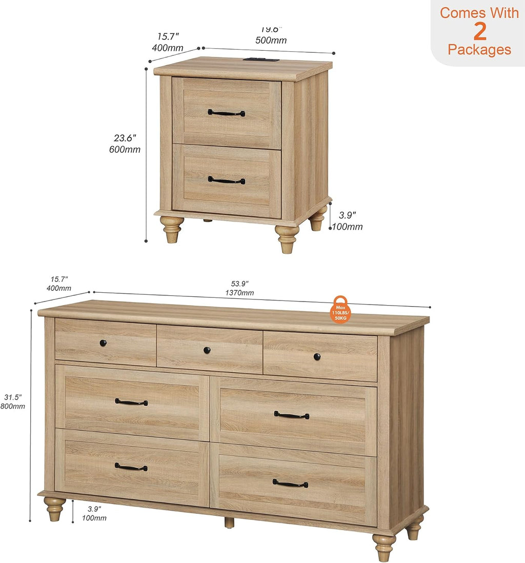 WAMPAT 2 Piece Bedroom Set - Includes 7 Drawer Dresser for Bedroom, Light Wooden Night Stand with Charging Station & Drawers, 2 Piece Dresser and Nightstand Sets, Oak