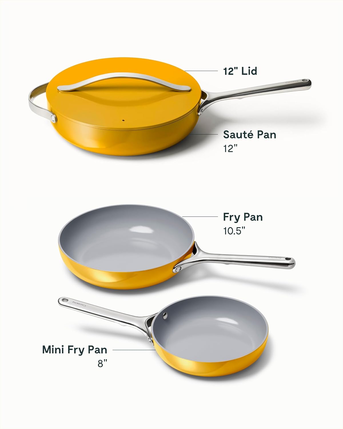 Caraway 4-Piece Fry Pan Set - Non-Stick Frying Pans (10.5' & 8') & Non-Stick Sauté Pan - Non Toxic, PTFE & PFOA Free - Oven Safe & Compatible with All Stovetops (Gas, Electric & Induction) - Marigold