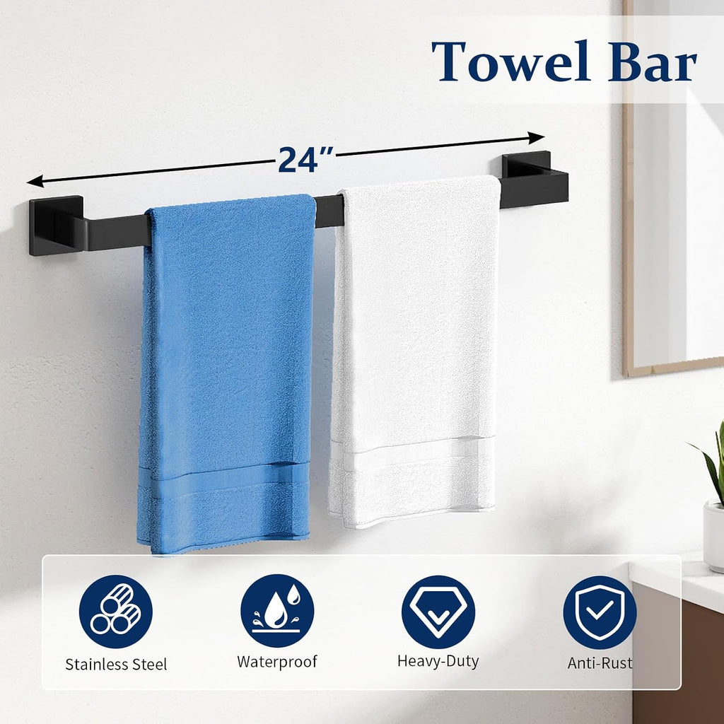 STWWO 20-Pieces Matte Black Bathroom Hardware Set, 24 Inch Bath Towel Bar Set, Stainless Steel Towel Racks for Bathroom Wall Mounted