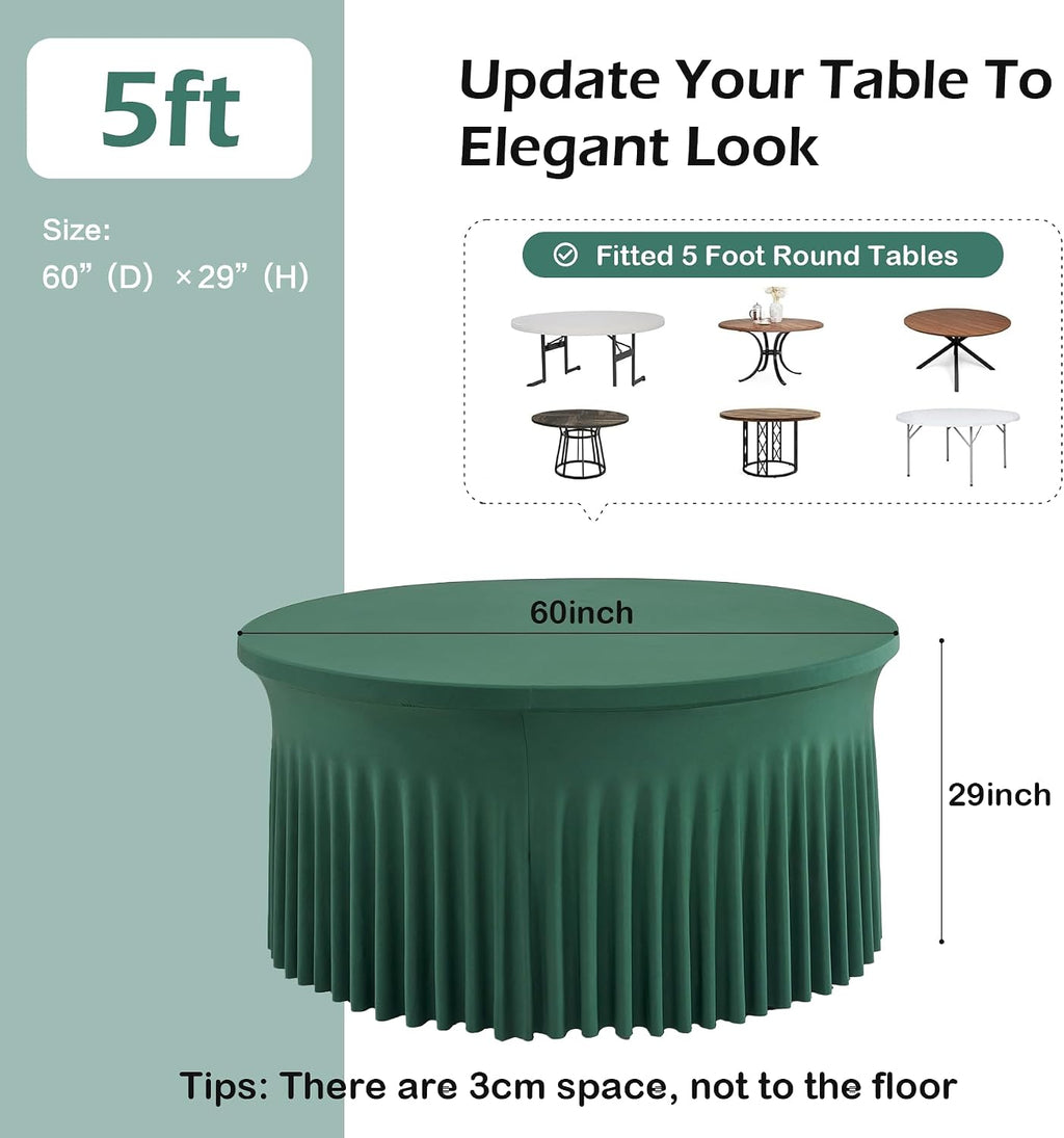 6 pk Hunter Green Round Spandex Tablecloths 60 in with Ruffled Skirt,Wrinkle Free High-Stretch 120 inch Table Cloth Round Fitted 5ft Tables,Spandex Table Covers 5ft for Forest Party Wedding Banquet