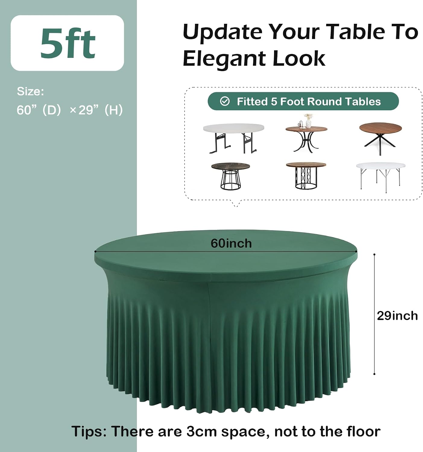 6 pk Hunter Green Round Spandex Tablecloths 60 in with Ruffled Skirt,Wrinkle Free High-Stretch 120 inch Table Cloth Round Fitted 5ft Tables,Spandex Table Covers 5ft for Forest Party Wedding Banquet