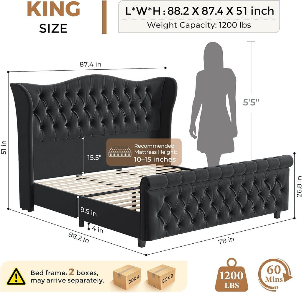 koorlian King Size Bed Frame,Velvet Upholstered Sleigh Bed with Scroll Wingback Headboard & Footboard,Luxury & Soft Button Tufted Modern Bed,Easy Assembly,No Box Spring Needed