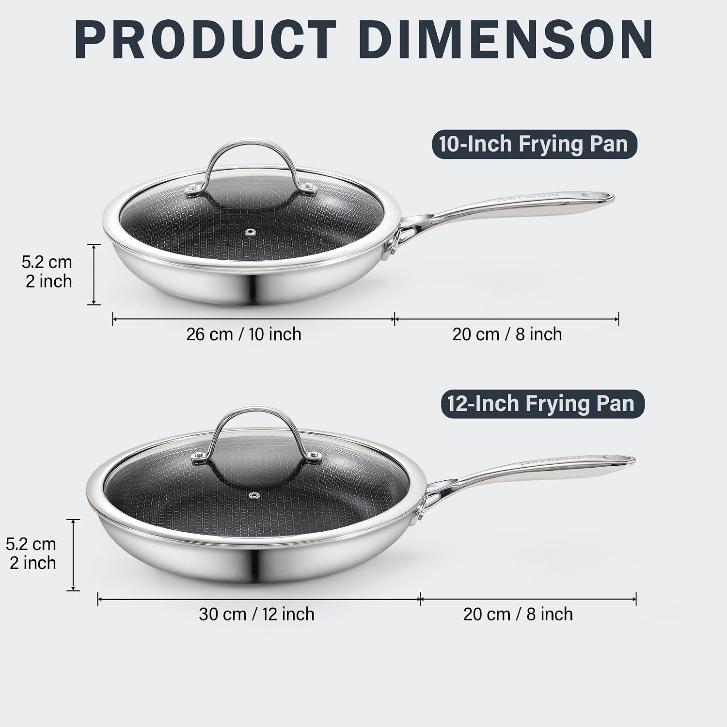 Cooks Standard Hybrid Mutli-Ply Clad 10.5 and 12 Inch Nonstick Frying Pan, Stainless Steel Skillet with Tempered Glass Lids, Cool Handle, Oven Safe, Compatible with All Stovetops, 2-Piece