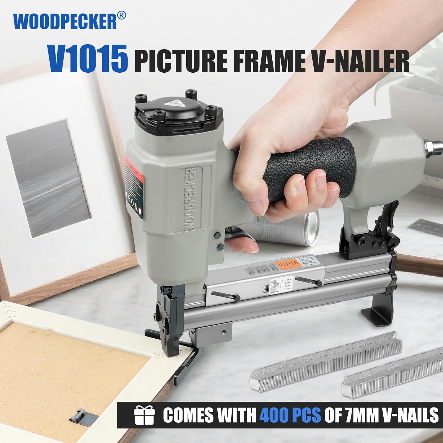 Woodpecker V1015 Pneumatic Picture Frame V Nailer Fits 7 mm to 15 mm (9/32' to 19/32') V Nails, Frame Stapler or Joiner for Picture Framing