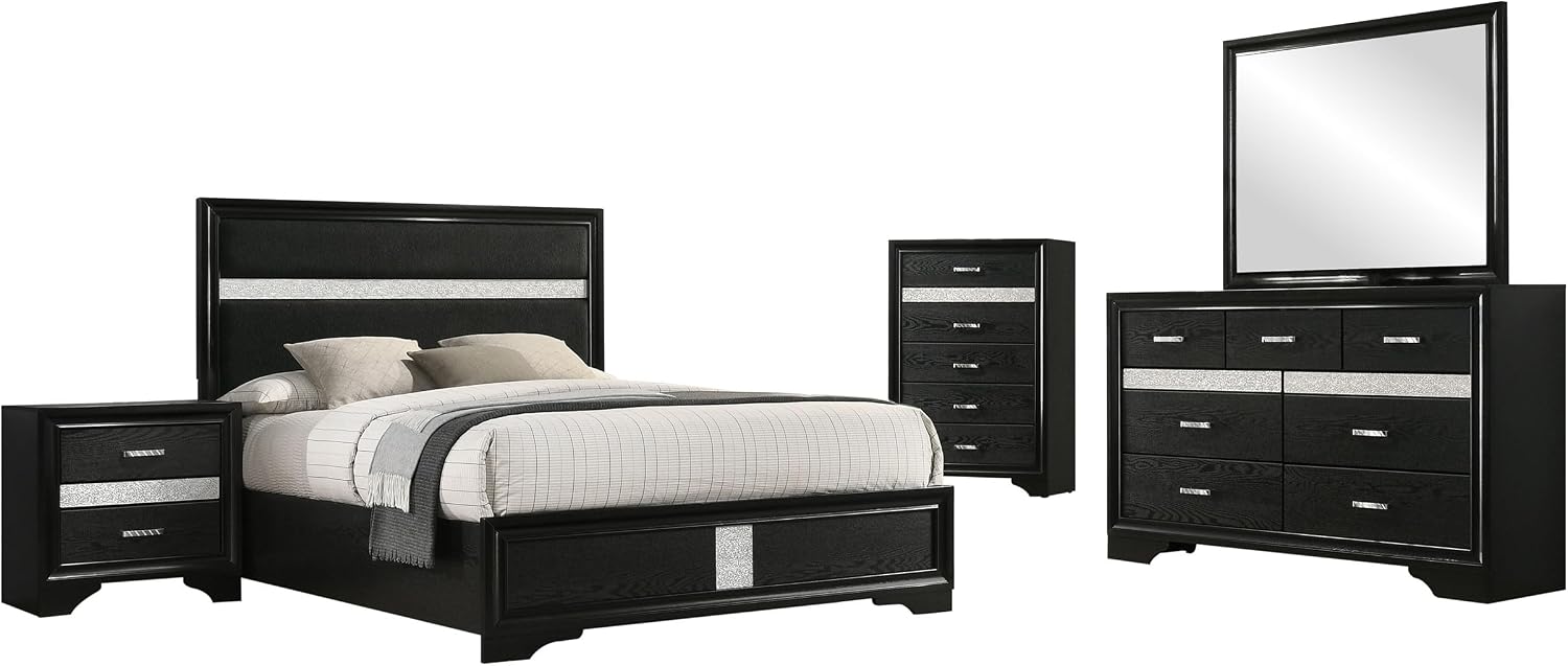Coaster Home Furnishings Miranda Contemporary 5-Piece Bedroom Set Fabric Upholstered Eastern King Size Panel Bed Frame 54-inch Headboard Black 206360KE-S5