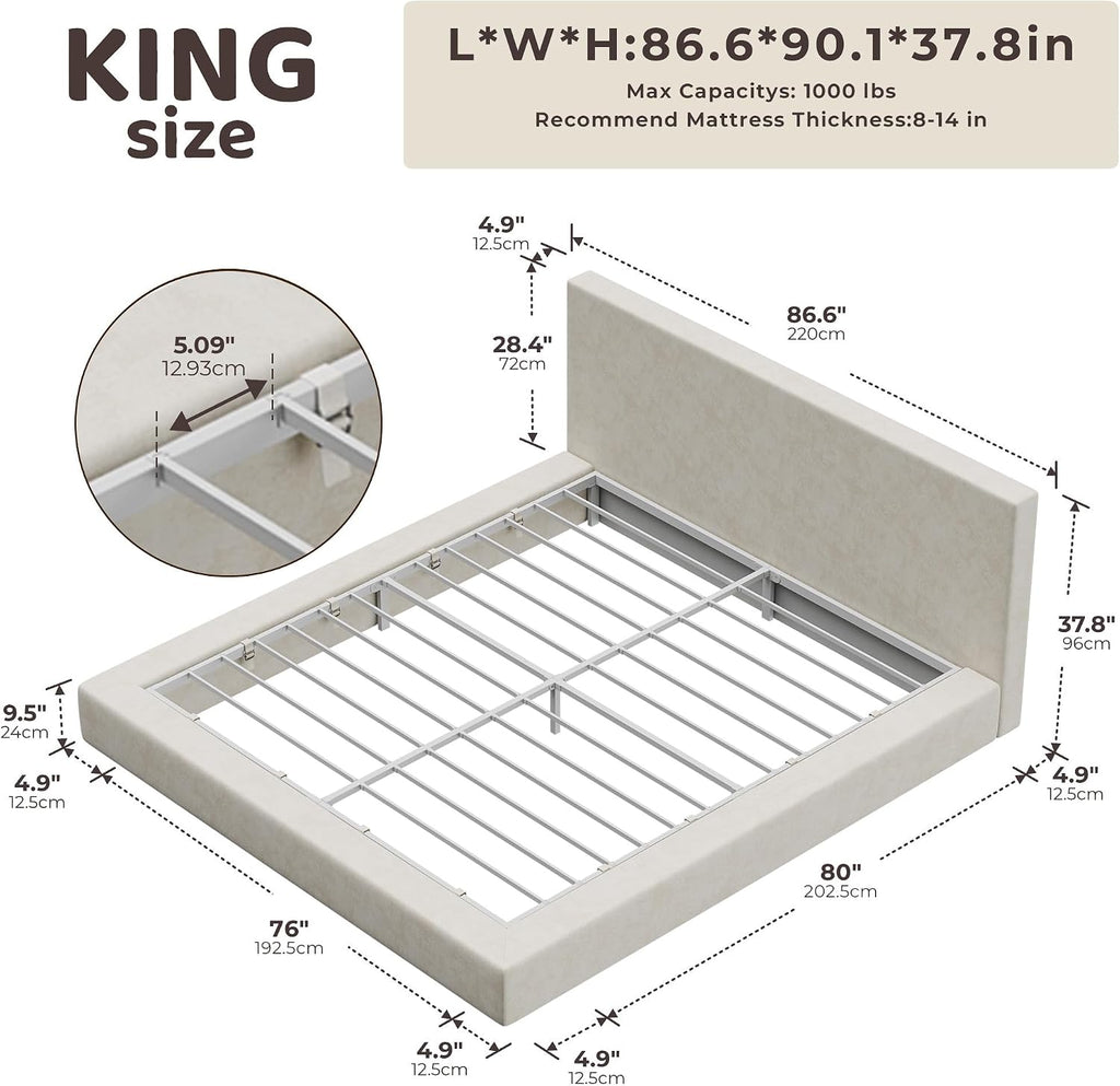 RECCI AirFrame King Size Bed Frame with Headboard, Cloud Upholstered Platform Bed Frame, 5 Inch Foam Cushioned, No Box Spring, Easy Assembly(Beige Chenille)