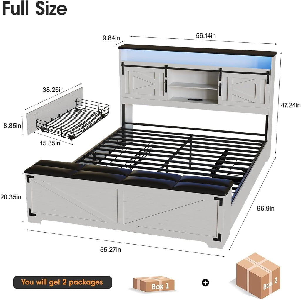 Fameill Farmhouse Full Size Bed Frame with Headboard and Storage Ottoman, Sliding Barn Door & 4 Drawers, LED Lights and Charging Station, No Box Spring Needed, Antique White
