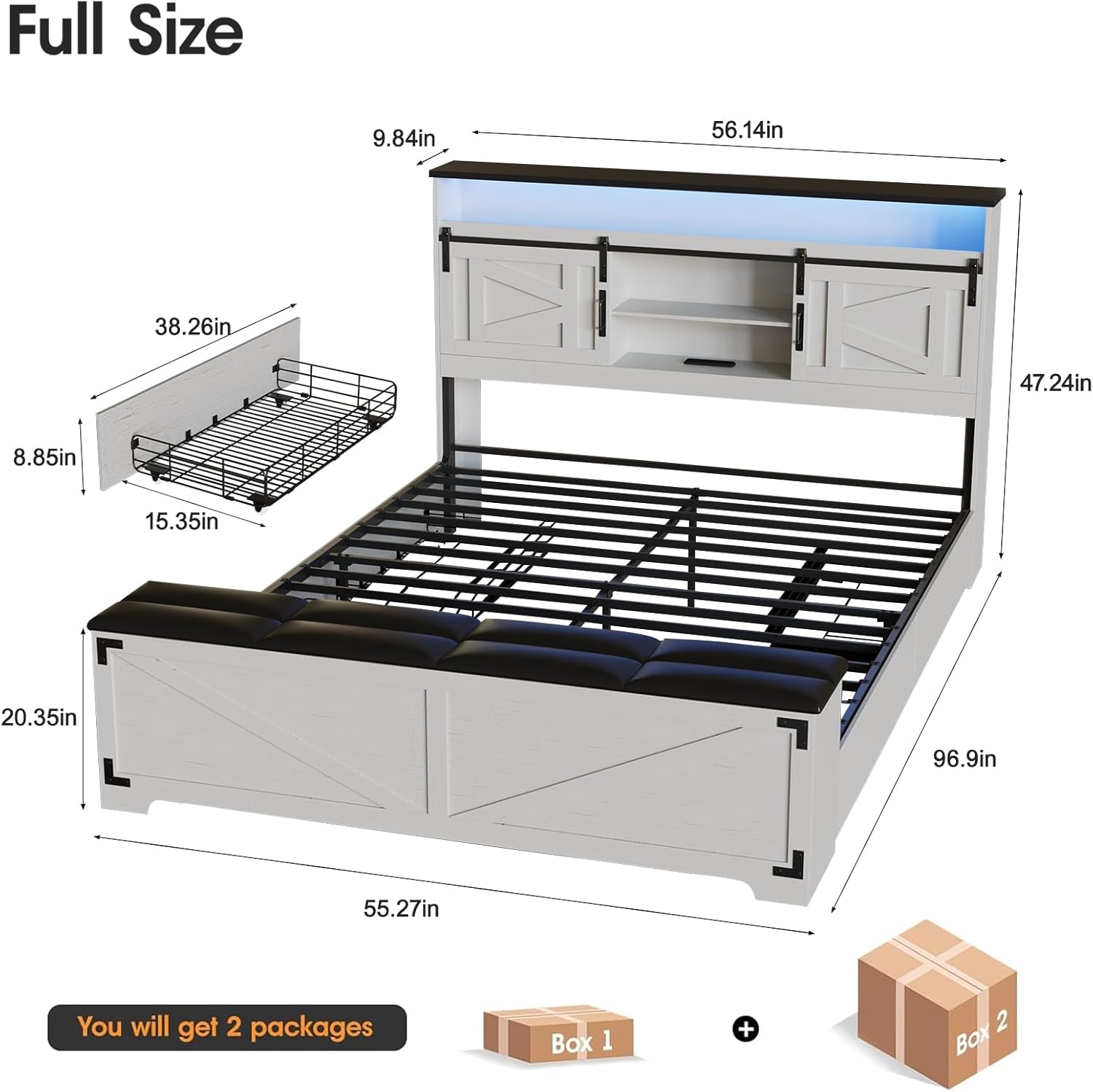 Fameill Farmhouse Full Size Bed Frame with Headboard and Storage Ottoman, Sliding Barn Door & 4 Drawers, LED Lights and Charging Station, No Box Spring Needed, Antique White