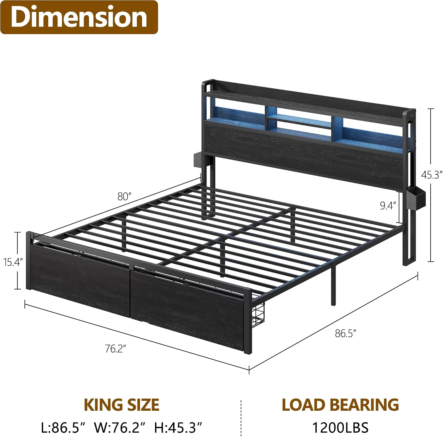 Furnulem King Bed Frame with Wood Headboard & Storage Drawers, Metal Platform Bed Frames King Size with LED Lights, Built in Charging Station, No Box Spring Needed, No Noise, Easy Assembly, Black