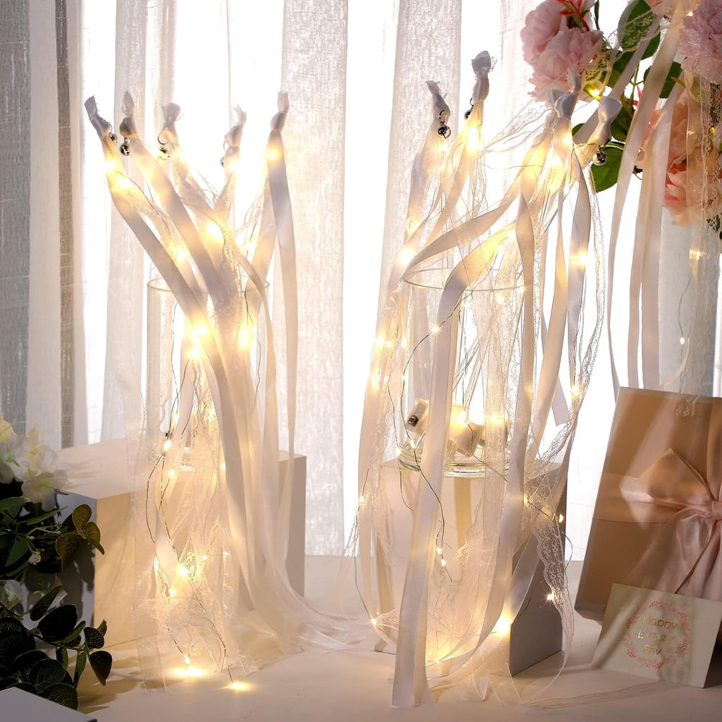 Unittype 200 Pieces Light up Wands for Wedding Silk Streamer with Bell LED Fairy Ribbon Fairy Wand Glow in the Dark Flashing Lace Sticks Wedding Birthday Party Decoration (Ivory & Warm White LED)