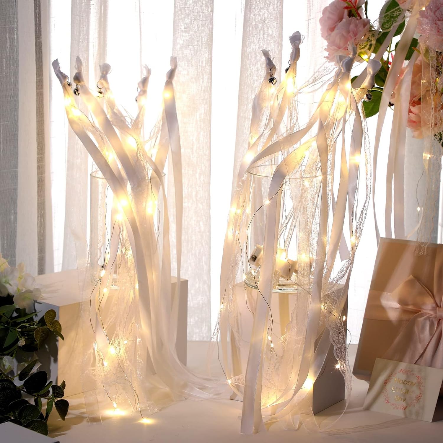 Unittype 200 Pieces Light up Wands for Wedding Silk Streamer with Bell LED Fairy Ribbon Fairy Wand Glow in the Dark Flashing Lace Sticks Wedding Birthday Party Decoration (Ivory & Warm White LED)